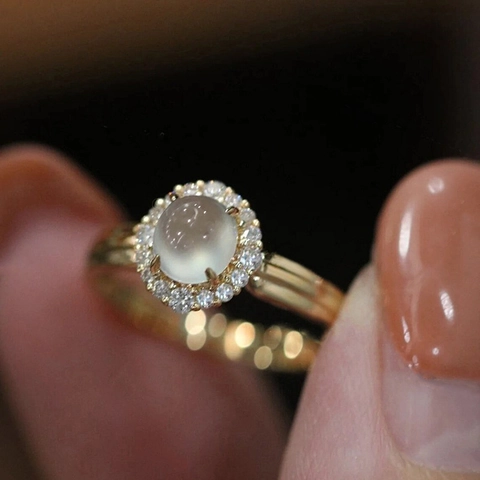 Ring Copper With Faux Moonstone And Cubic Zirconia Halo Gold Tone Palace Style For Women