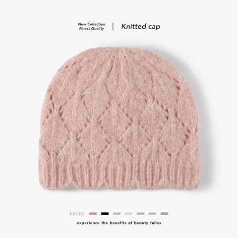 Women Winter Knitted Beanie Hat Wool Blend Diamond Pattern Thickened Warm Outdoor Casual Ribbed Cuff