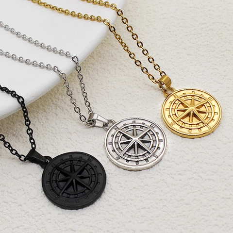 Compass Pendant Necklace Vintage Retro Stainless Steel Round Medallion Punk Jewelry Gift For Men Women