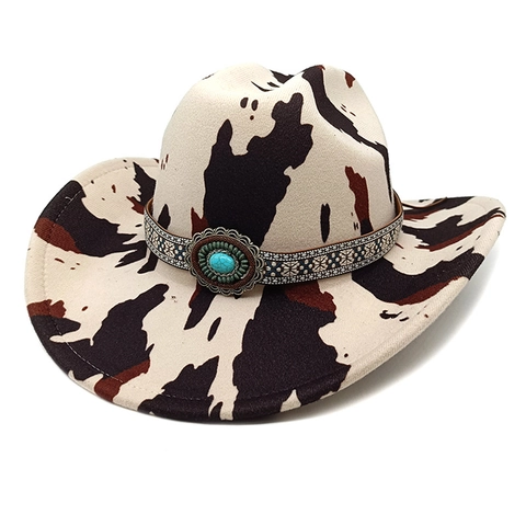 Cappello Da Cowboy Occidentale Feltro Poliestere Stampa Mucca Leopardo Tesa Larga Fascia Etnica Accento Turchese Sole