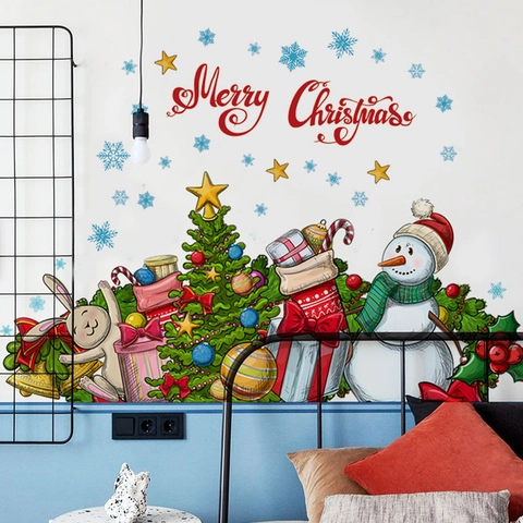 Weihnachts Wandaufkleber Abnehmbare PVC Aufkleber Cartoon Rentier Schneemann Merry Christmas Deko Wohnzimmer