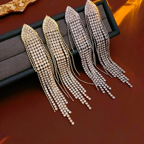 Pendientes Largos De Borla Aleación Diamantes De Imitación Colgantes Con Poste De Plata Joyería Elegante De Lujo Para Mujer Fiesta