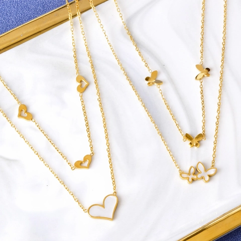 Elegant Double Layer Titanium Steel Gold Necklace For Women Small Butterfly Heart Shell Pendant Titanium Steel Chain Jewelry Gift