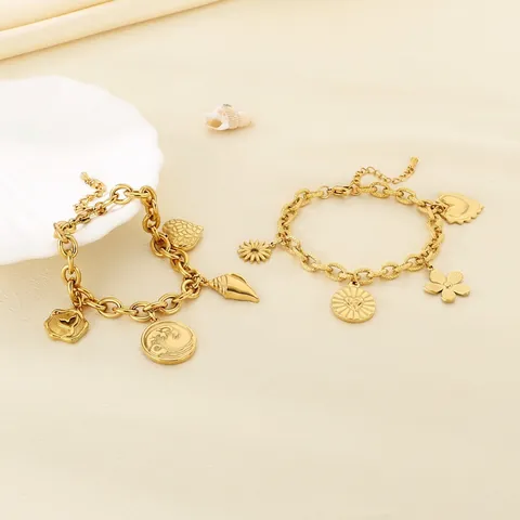 Bracciale Con Ciondoli In Acciaio Inossidabile Placcato Oro Spiaggia Estiva Oceano Conchiglia Onda Cuore Fiore Pendente Moda