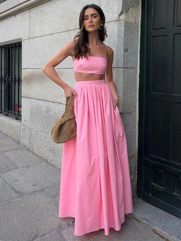 Donna Cotone Top Crop Con Spalline Sottili E Gonna Lunga Pieghettata A Vita Alta Vacanze Estive Sexy Elegante Minimalista