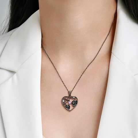 Collana Cuore Teschio Gotico in Argento Sterling 925 Ciondolo Ragnatela Strass Viola Gioielli Punk Halloween per Uomo Donna