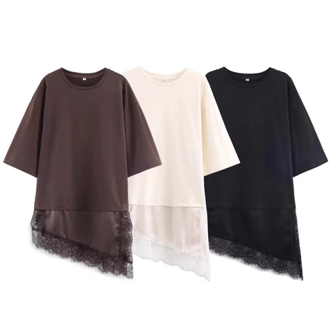 T-Shirt Femme Patchwork Dentelle Ourlet Asymétrique Oversized Manches Courtes Col Rond Casual Streetwear