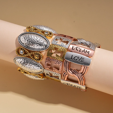 Bracciale In Lega Martellata Per Donna Croce Svuotata Parole Ispiratrici Infinito Bangle Elastico Gioielli Bohemian