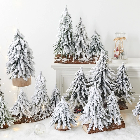 Mini Künstlicher Weihnachtsbaum Schneebedeckt PE Kiefernnadeln Mit Holzsockel Desktop Feiertagsdekoration Winter Frostig