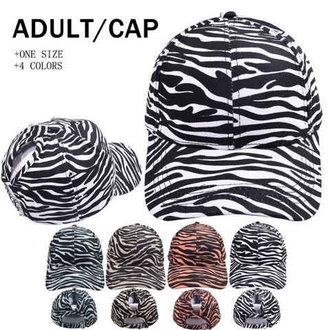 Gorra De Béisbol De Algodón Con Estampado De Cebra Para Mujer Con Agujero Para Cola De Caballo Hebilla De Metal Ajustable