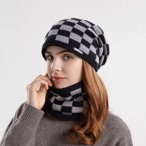 Winter Beanie Hat And Neck Warmer Acrylic Knitted Thick Fleece Lined Warm Checkerboard Pattern For Women Casual