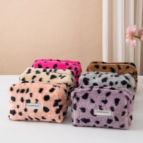 Borsa Per Cosmetici In Peluche Con Stampa Leopardata Organizer Per Trucco Da Viaggio In Ecopelliccia Con Cerniera