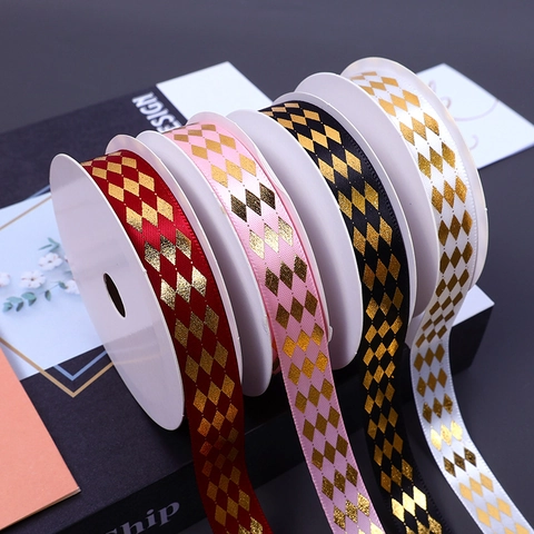Gold Stamped Satin Ribbon Foil Rhombus Pattern For Gift Wrapping DIY Craft Bouquet Decoration Wedding Party