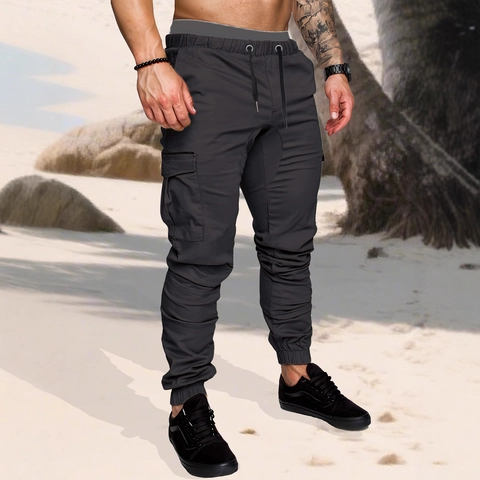 Pantaloni Cargo Uomo Tasche Multiple Poliestere Tessuto Coulisse Caviglia Elastica Streetwear Casual Sportivi