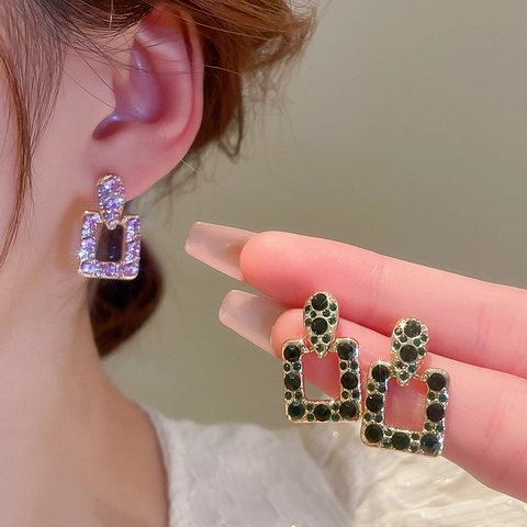 Alloy Rhinestone Geometric Square Water Drop Stud Earrings With Silver Earring Post Vintage Luxury Style For Women
