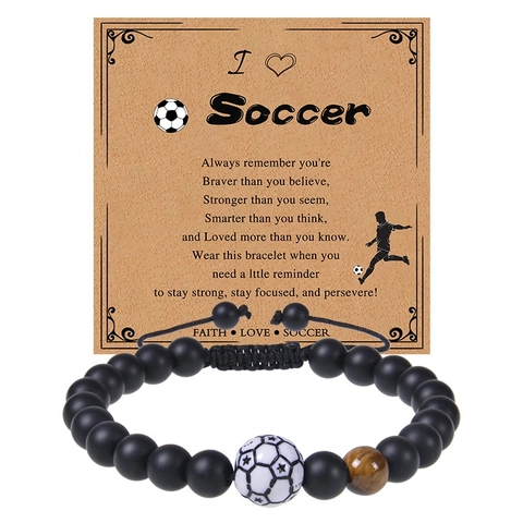 Soccer Theme Bracelet Natural Tiger Eye And Matte Stone Beads Adjustable Braided Sports Inspirational Gift For Fans