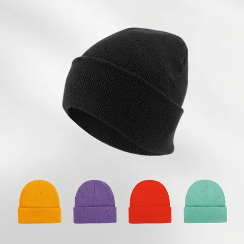 Unisex Acrylic Knit Beanie Hat Embroidered Warm Solid Color Outdoor Winter Cuffed Skull Cap Casual Minimalist Sporty Headwear