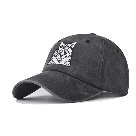 Washed Cotton Baseball Cap Embroidered Cat Dog Face Vintage Distressed Adjustable Casual Dad Hat