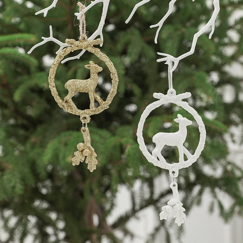 Christmas Reindeer Resin Pendant Glitter Gold Frosted White Deer Ornament For Xmas Tree Hanging Decor Nordic Style