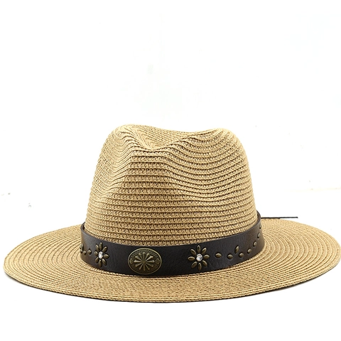 Straw Fedora Hat With Leather Belt Copper Flower Sunscreen Outdoor Wide Brim Beach Retro Bohemian Style Women Men