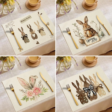 Easter Placemat Linen Texture Rabbit Bunny Egg Print Fade Resistant Washable Rectangular Table Mat For Holiday Party