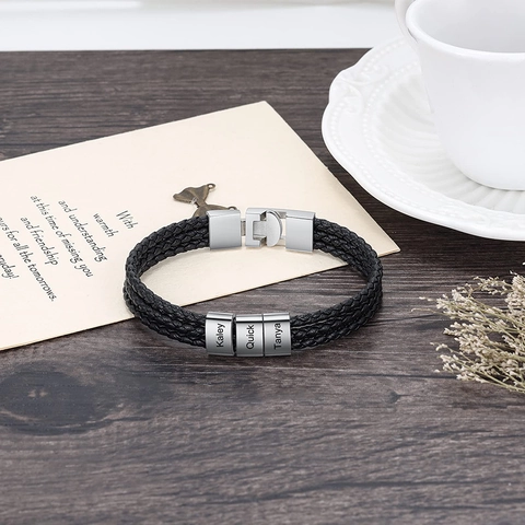 Men Braided Leather Bracelet With Stainless Steel Beads Multi Layer Cord Magnetic Clasp Fashion Hand Jewelry Gift