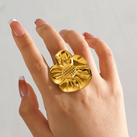 Blumenring Übertriebener 18K Vergoldeter Edelstahl Statement Schmuck Für Damen Ins Stil Vintage Schwer Texturiert
