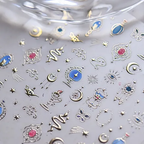 Nagelkunst Aufkleber Geprägt Metallisch Heißfolienprägung Retro Mystisch Mond Stern Wunderlampe Böhmisch Maniküre Dekoration