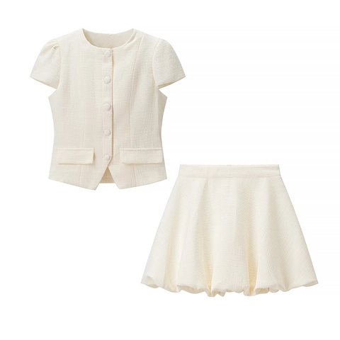 Top E Gonna In Tweed Da Donna Elegante Francese Camicetta A Maniche Corte Girocollo E Minigonna Pieghettata Bianco Crema