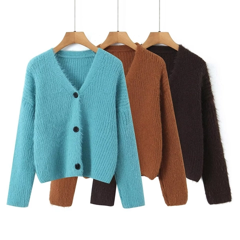 Women Soft Mohair Knitted Cardigan Sweater V Neck Long Sleeve Button Up Warm Loose Casual Outerwear