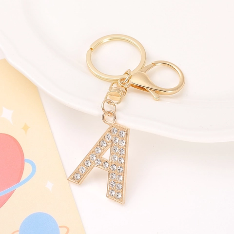 Alphabet Letter Keychain A-Z Initials Shiny Rhinestone Zinc Alloy Gold Plated Bag Charm Fashion Gift Accessory