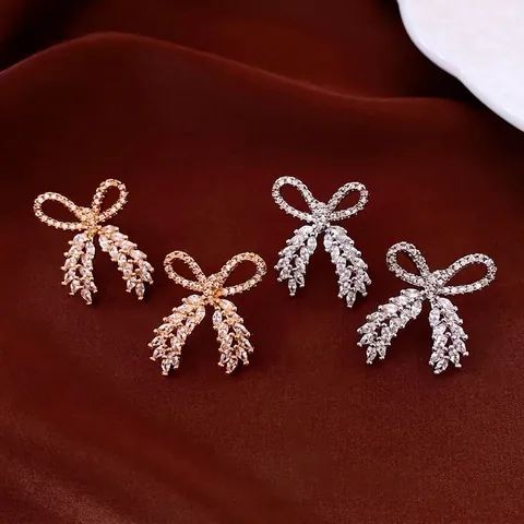 Bowknot Dangle Earrings With Silver Earring Post Copper Zirconia Wheat Ear Tassel Elegant Fashion Jewelry For Women