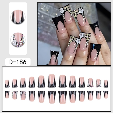 French Tip Kunstnägel Zum Aufkleben Mit Strasssteinen Und 3D Blumen Entenschnabel Sargform Glänzende Luxus Künstliche Nägel