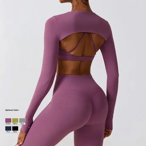Women Yoga Suit Nylon Spandex Long Sleeve Hollow Out Shrug Top Sports Bra And High Waist Leggings Fitness Gym Apparel