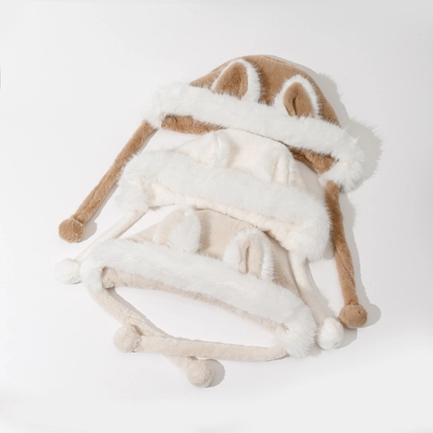 Faux Fur Fox Ear Plush Hat Winter Warm Earflap Cap With Pom Poms Cute Animal Style For Women