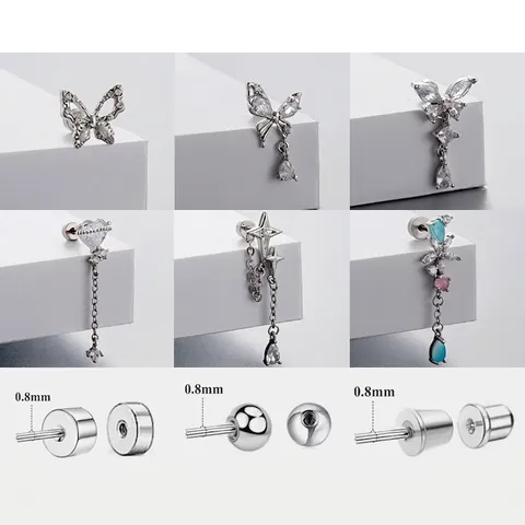 Zirconia Butterfly Heart Flower Dangle Titanium Steel Earrings Screw Back Ear Studs Dainty Aesthetic Women Jewelry