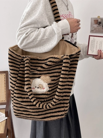 Cartoon Dog Patch Striped Plush Tote Bag Soft Lamb Wool Shoulder Handbag Women Casual Large Capacity Cozy Winter Style