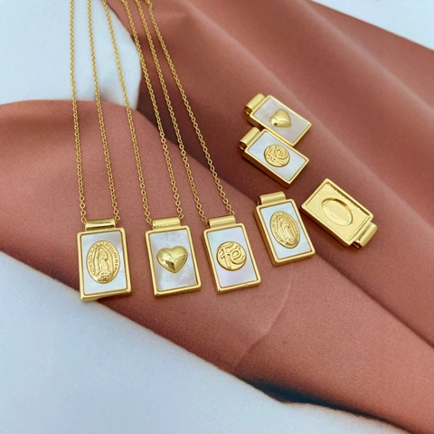 Vintage Rectangle Pendant Necklace 18K Gold Plated Copper Natural Mother Of Artificial Pearl Heart Faith Virgin Mary For Women