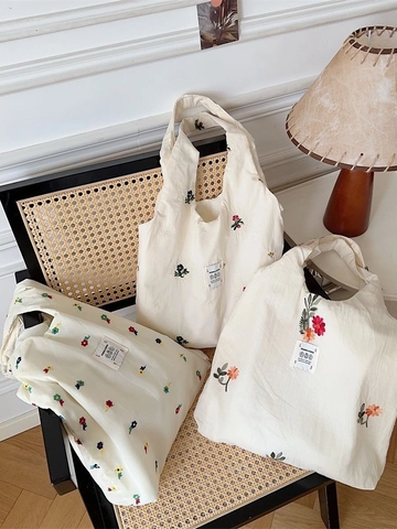 Vintage Canvas Tote Bag Floral Embroidery Large Capacity Casual Shoulder Handbag For Women French Style Aesthetic