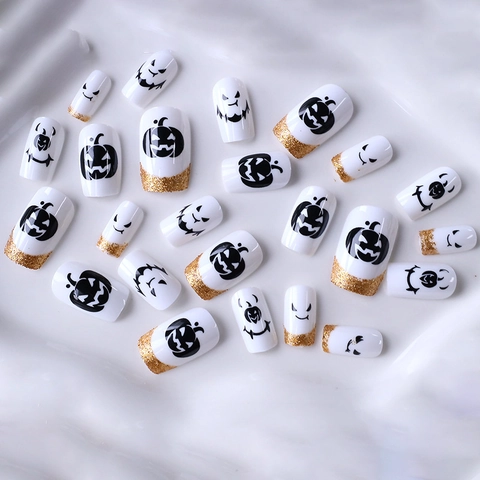 Halloween Pumpkin Devil Press On Nails Gold Glitter French Style White Square ABS Material Holiday Party Manicure Decoration