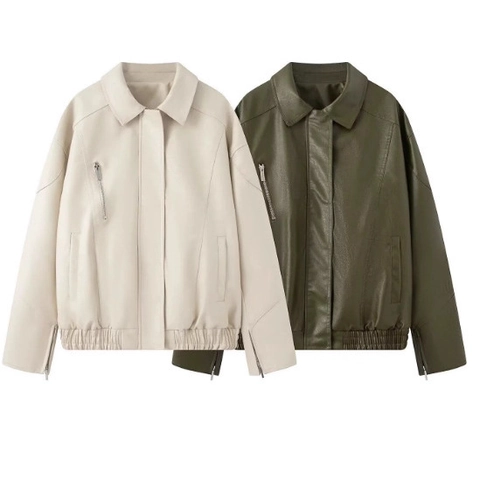 Chaqueta De Cuero PU Para Mujer Retro Solapa Cremallera Extragrande Suelta Casual Abrigo Manga Larga Estilo Moto Streetwear