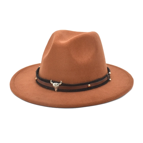 Vintage Western Fedora Hat Wide Brim Wool Felt Cowboy Hat With Bull Skull Metal Decor Leather Band Rivets For Men Women