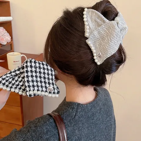 Retro Houndstooth Tweed Fabric Hair Claw Clip Large Bowknot Shark Clip With Faux Artificial Pearl Trim And Metal Badge Elegant Headwear