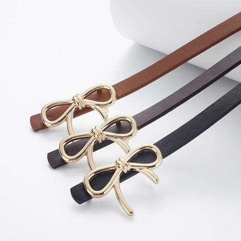 Women Slim Belt PU Leather Elegant Bow Knot Buckle Adjustable Thin Waist Strap For Dresses Coats Minimalist Ladies Chic