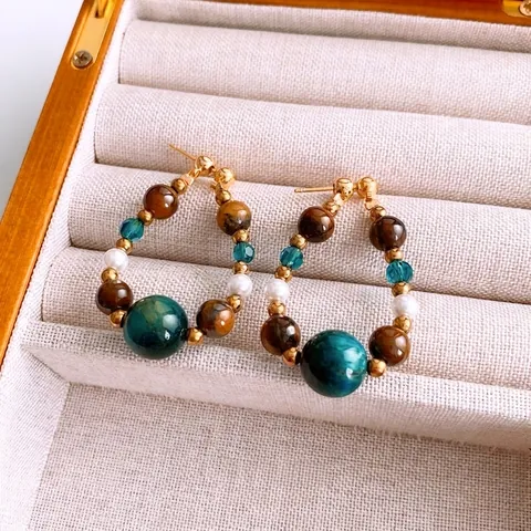 Pendientes De Aro Con Cuentas Gota De Agua Vintage Con Piedra Ojo De Tigre Perlas Artificiales Artificiales Y Poste De Plata Para Mujer