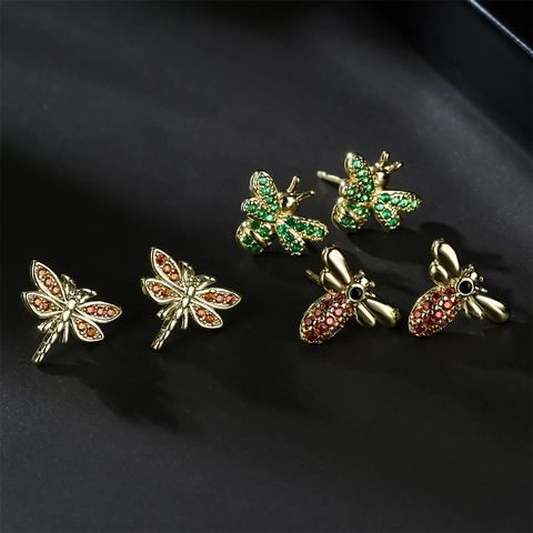 Insect Stud Earrings Copper Gold Plated Zircon Bee Dragonfly Beetle Spider Animal Jewelry For Women Girl Personality
