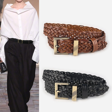 Women Vintage Hand Woven Synthetic Leather Belt Casual No Hole Pin Buckle Fashion Waist Strap For Jeans Dresses Pants