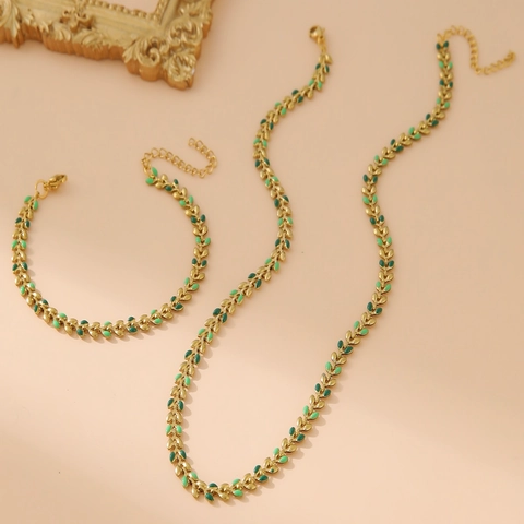 Collana E Bracciale In Acciaio Inossidabile Foglia Smalto Colorato Placcato Oro Stile Bohémien Gioielli Donna