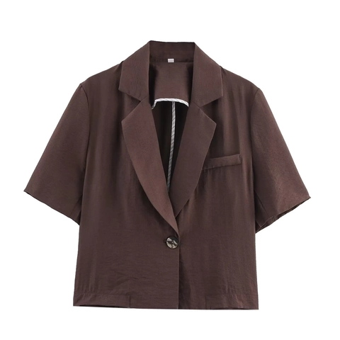 Blazer Manches Courtes Et Short À Cordon Perlé Femme Marron Aspect Lin Tenue Été Décontractée Pour Dame