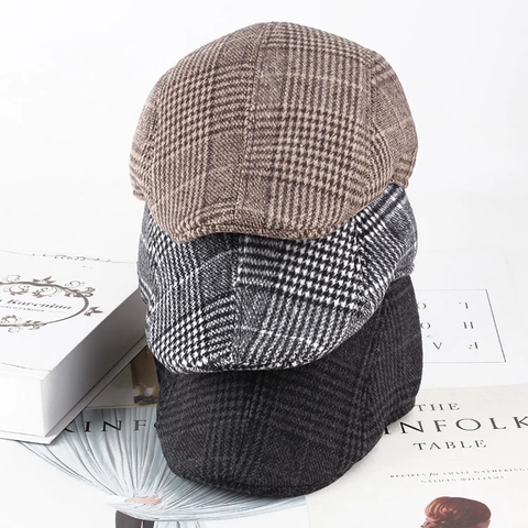 British Vintage Plaid Ivy Cap Winter Warm Woolen Flat Cap Men Women Retro Herringbone Pattern Newsboy Hat